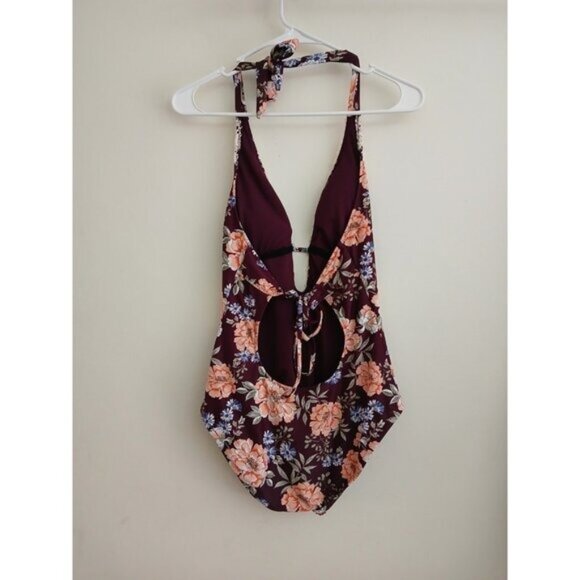 Kona Sol Floral One Piece Swimsuit Plunge Crochet Trim Halter Boho Retro M - Picture 4 of 8